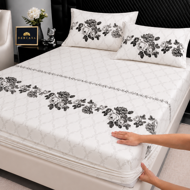 Husă de pat cu elastic din Bumbac Finet + 2 Fețe de Pernă, 140x200, Cod: DRW47