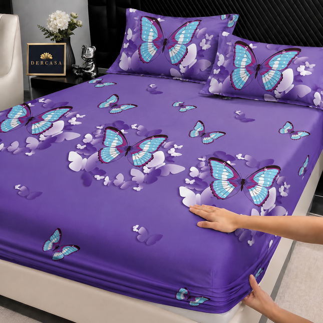 Husă de pat cu elastic din Bumbac Finet + 2 Fețe de Pernă, 140x200, Cod: DRW48