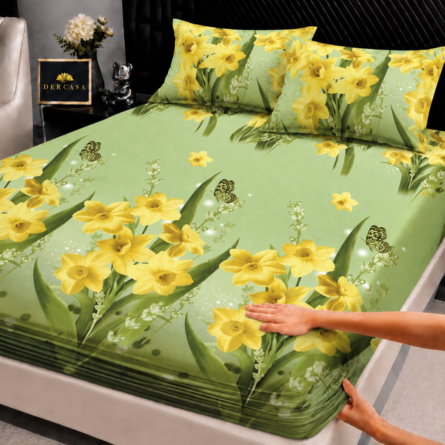 Husă de pat cu elastic din Bumbac Finet + 2 Fețe de Pernă, 140x200, Cod: DRW49