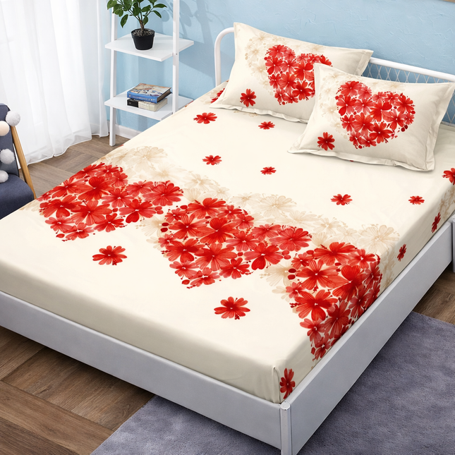 Husă de pat cu elastic din Bumbac Finet + 2 Fețe de Pernă, 140x200, Cod: DRM11