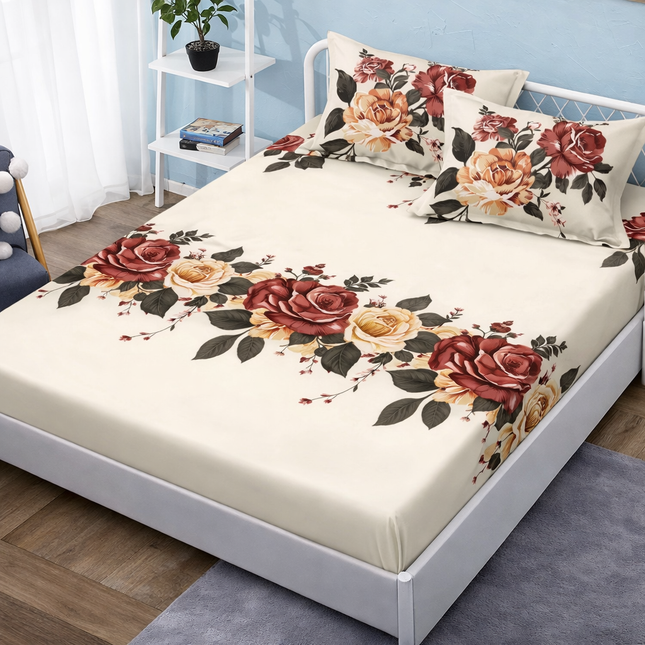 Husă de pat cu elastic din Bumbac Finet + 2 Fețe de Pernă, 140x200, Cod: DRM12