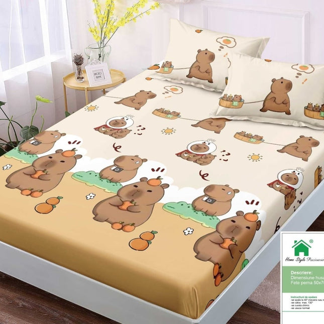 Husă de pat cu elastic din Bumbac Finet + 2 Fețe de Pernă, 180x200, Cod: DRM26