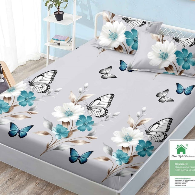 Husă de pat cu elastic din Bumbac Finet + 2 Fețe de Pernă, 180x200, Cod: DRM25