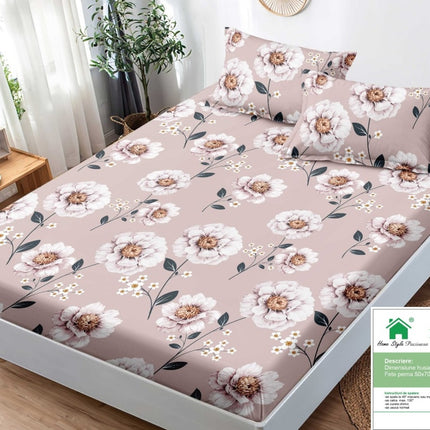 Husă de pat cu elastic din Bumbac Finet + 2 Fețe de Pernă, 180x200, Cod: DRM28