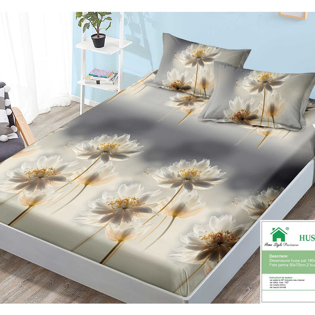 Husă de pat cu elastic din Bumbac Finet + 2 Fețe de Pernă, 180x200, Cod: DRM30