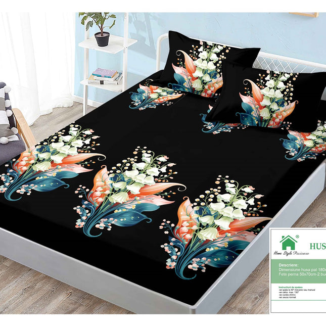 Husă de pat cu elastic din Bumbac Finet + 2 Fețe de Pernă, 180x200, Cod: DRM38