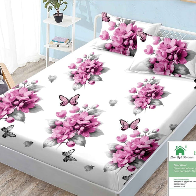 Husă de pat cu elastic din Bumbac Finet + 2 Fețe de Pernă, 180x200, Cod: DRM36