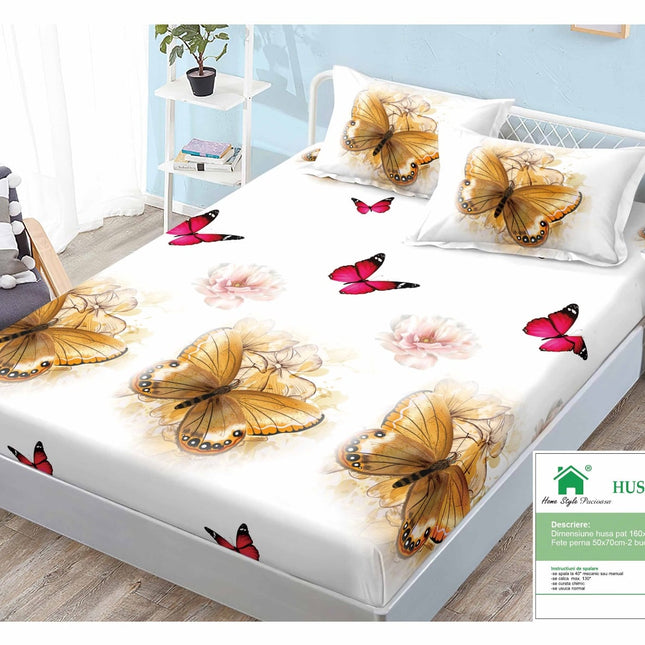 Husă de pat cu elastic din Bumbac Finet + 2 Fețe de Pernă, 160x200, Cod: DRM60