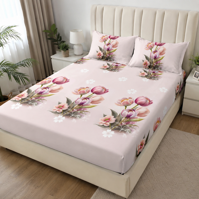 Husă de pat cu elastic din Bumbac Finet + 2 Fețe de Pernă, 180x200, Cod: DRM84