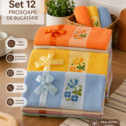 Set Prosoape Bucătărie – 12 bucăți | 45x70 cm | Bumbac Natural, Cod: REW11