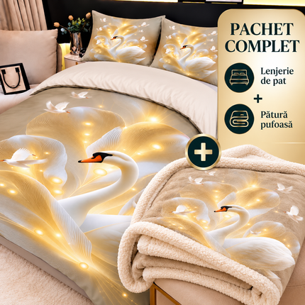 Pachet Promoțional: Lenjerie Premium 5D + Pătură Cocolino Sherpa 200×230 cm, Cod: PMS5