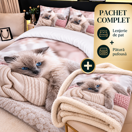 Pachet Promoțional: Lenjerie Premium 5D + Pătură Cocolino Sherpa 200×230 cm, Cod: PMS6