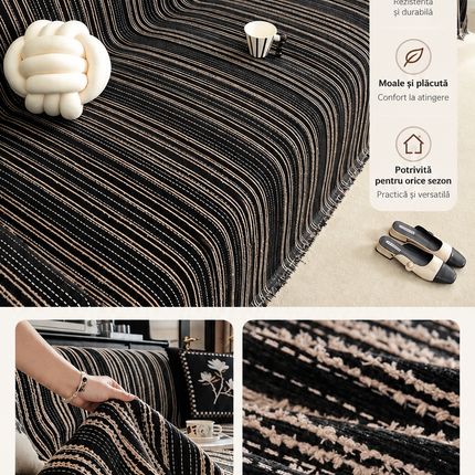 Husă decorativă pentru canapea din chenille, model cu dungi, negru și bej, 180 × 260 cm, Cod: PRMV9