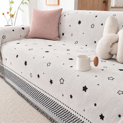 Husă decorativă pentru canapea din chenille, model cu steluțe, alb-negru, 180 × 300 cm, Cod: PRMV11