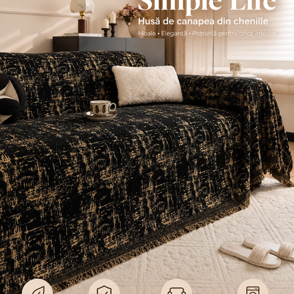 Husă pentru canapea din chenille, negru cu auriu, 180 × 260 cm, Cod: PRMV17