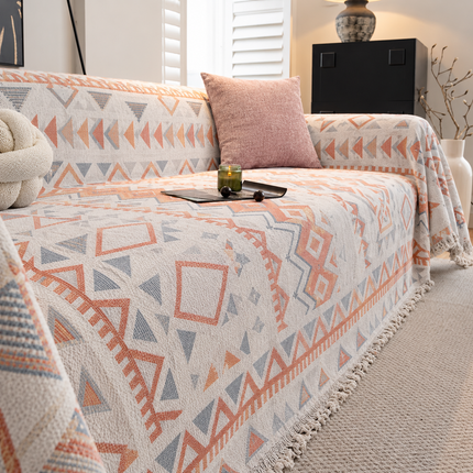 Husă pentru canapea din chenille, model geometric, crem cu portocaliu și gri, 180 × 260 cm, Cod: PRMV19