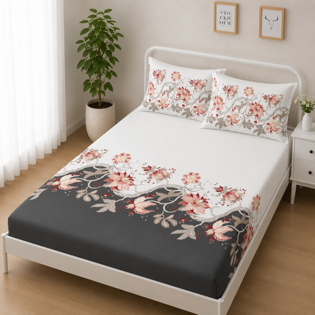 Husă de pat cu elastic din Bumbac Finet + 2 Fețe de Pernă, 160x200, Cod: DRS34