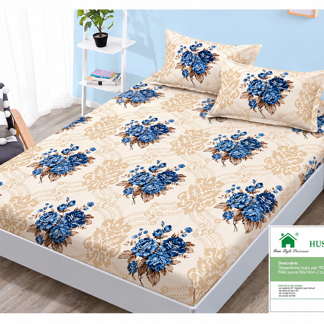 Husă de pat cu elastic din Bumbac Finet + 2 Fețe de Pernă, 160x200, Cod: DRM97