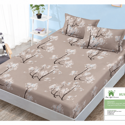 Husă de pat cu elastic din Bumbac Finet + 2 Fețe de Pernă, 140x200, Cod: DRM98