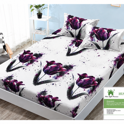 Husă de pat cu elastic din Bumbac Finet + 2 Fețe de Pernă, 160x200, Cod: DRM107