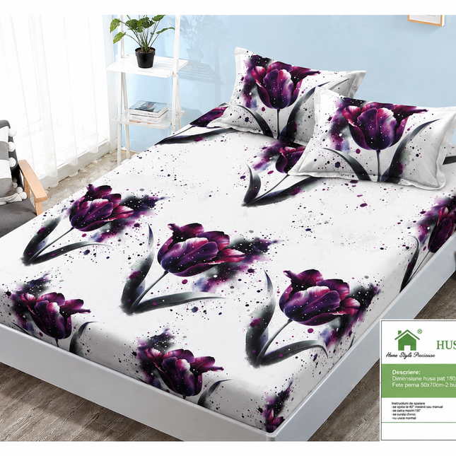 Husă de pat cu elastic din Bumbac Finet + 2 Fețe de Pernă, 160x200, Cod: DRM107