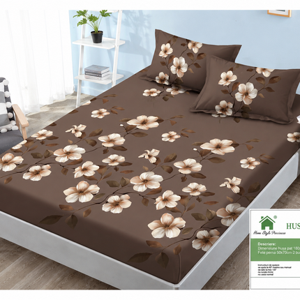 Husă de pat cu elastic din Bumbac Finet + 2 Fețe de Pernă, 160x200, Cod: DRM108