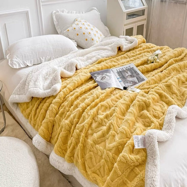 Patura Cocolino cu Blanita, Model Tricotat, Pat 2 Persoane, 200x230 cm, galben cod: EXP10